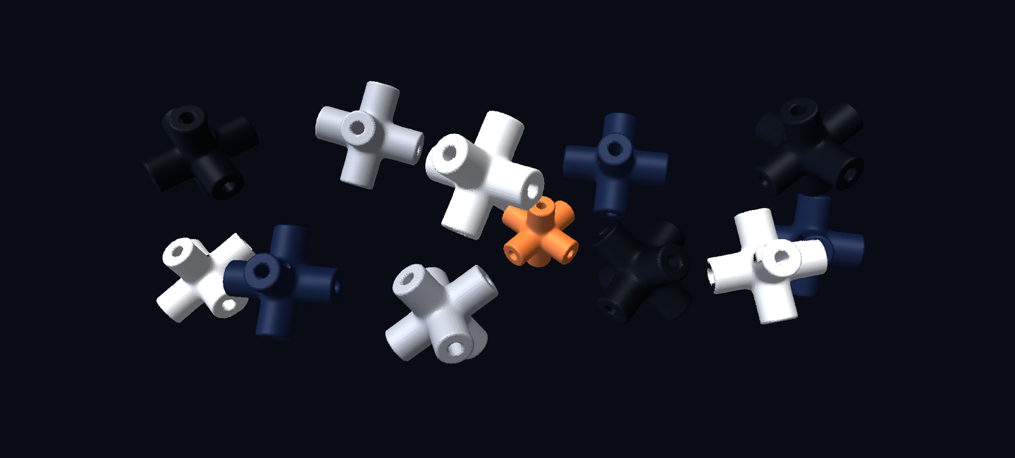 A collection of elongated six-port sculptural connectors with small openings, in a dark canvas.